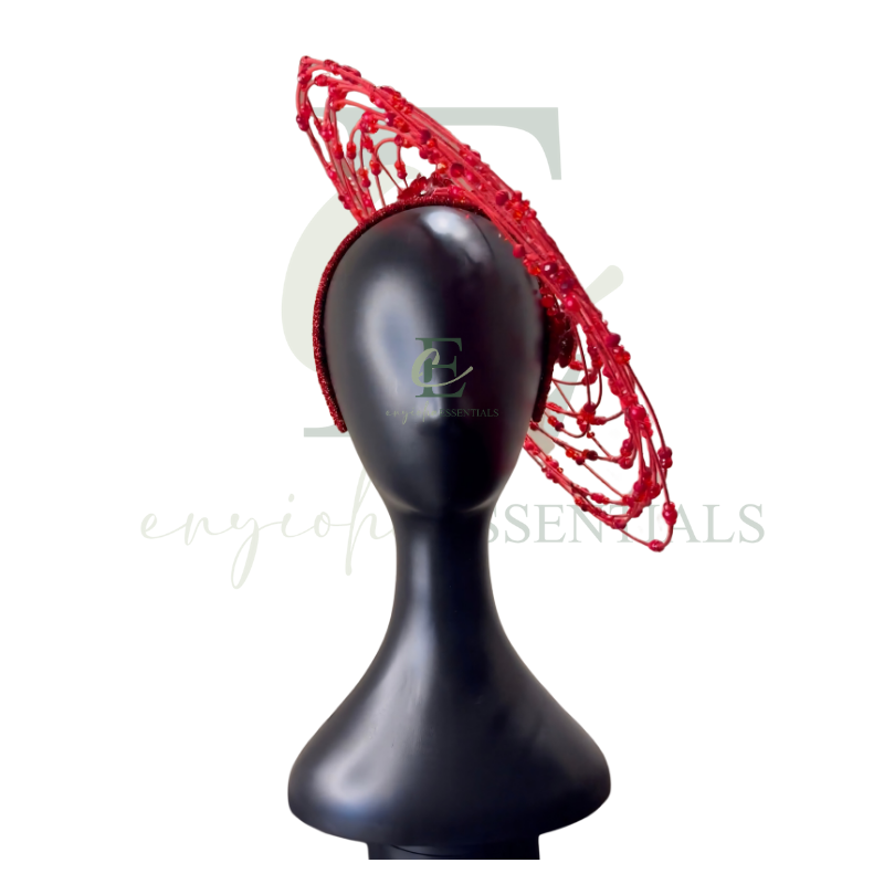 Red Beaded Wire Halo Fascinator with Floral Accents