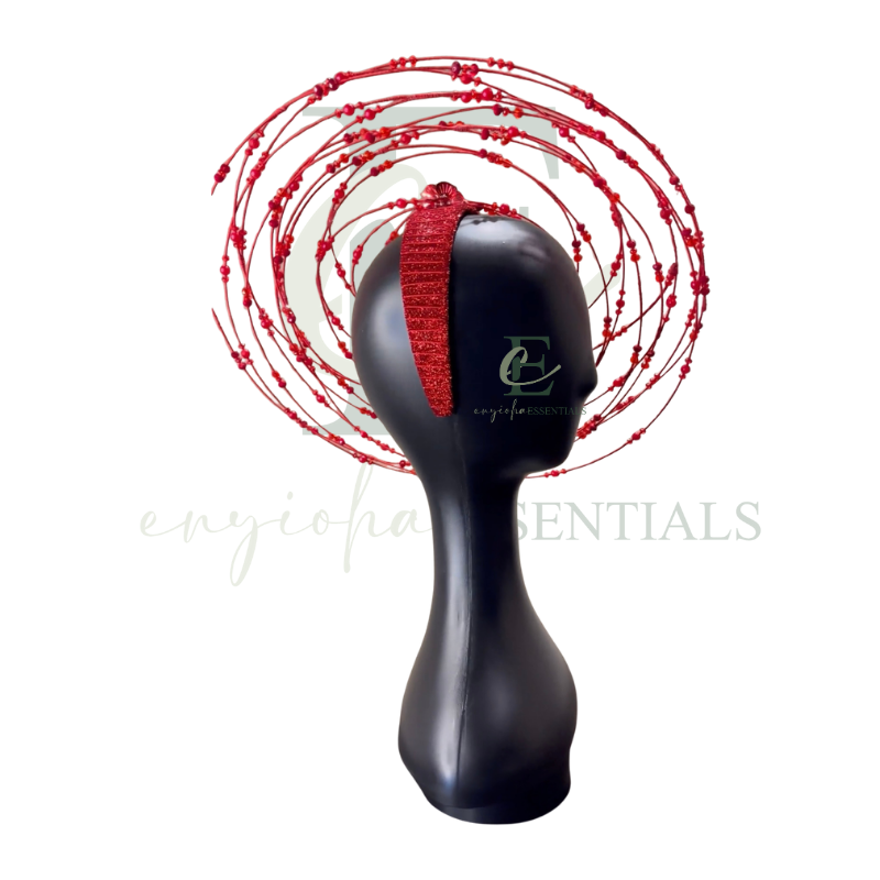 Red Beaded Wire Halo Fascinator with Floral Accents