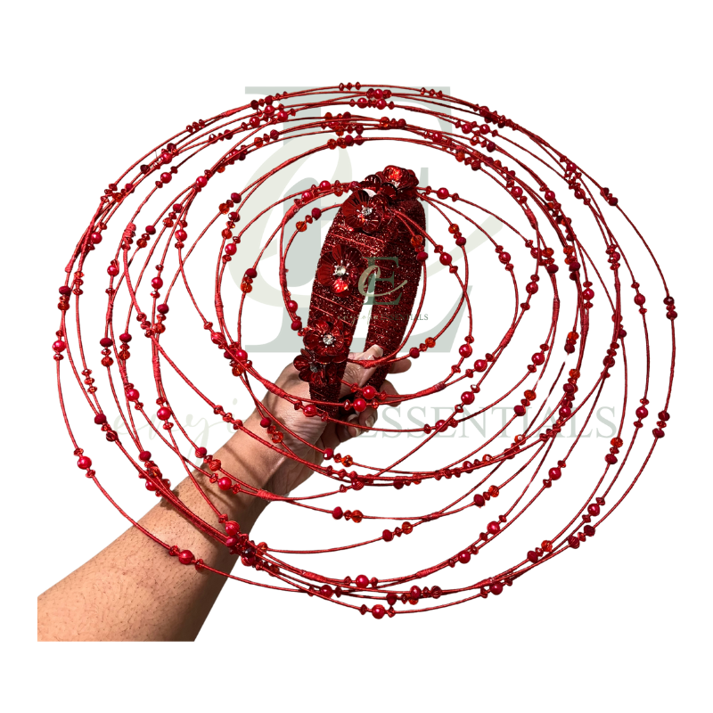 Red Beaded Wire Halo Fascinator with Floral Accents