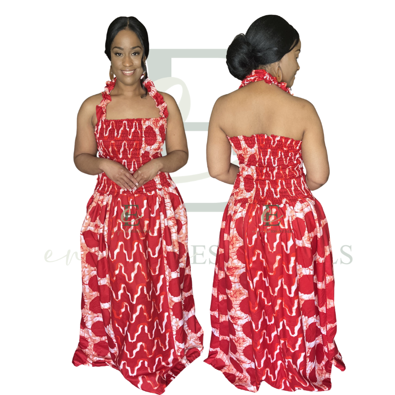 Red Smocked Halter Long Maxi Dress