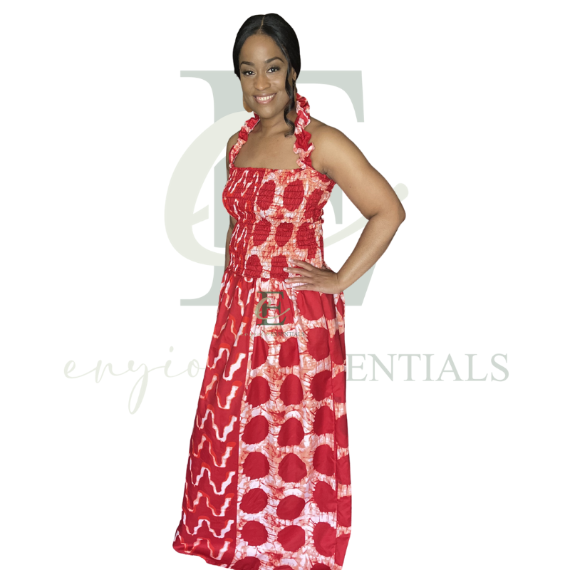Red Smocked Halter Long Maxi Dress