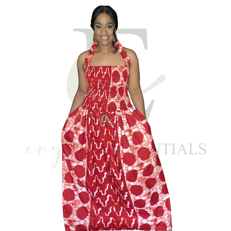 Red Smocked Halter Long Maxi Dress