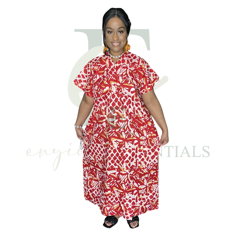 Red Tropical Print Boubou Dress