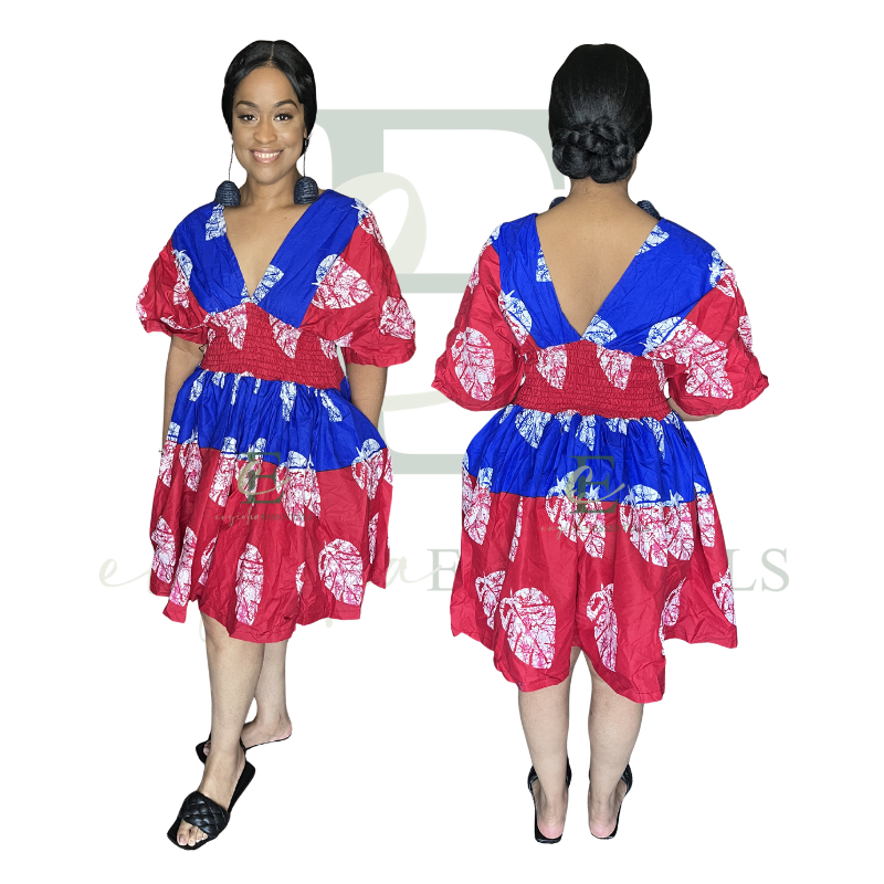 Red & Blue African Smocked Mini Dress