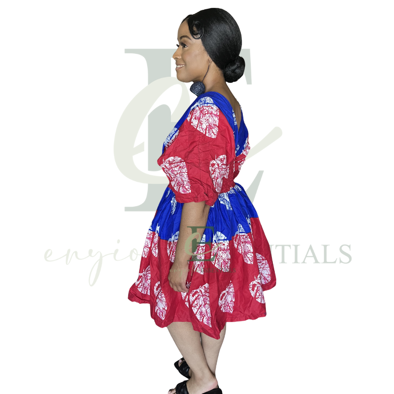 Red & Blue African Smocked Mini Dress
