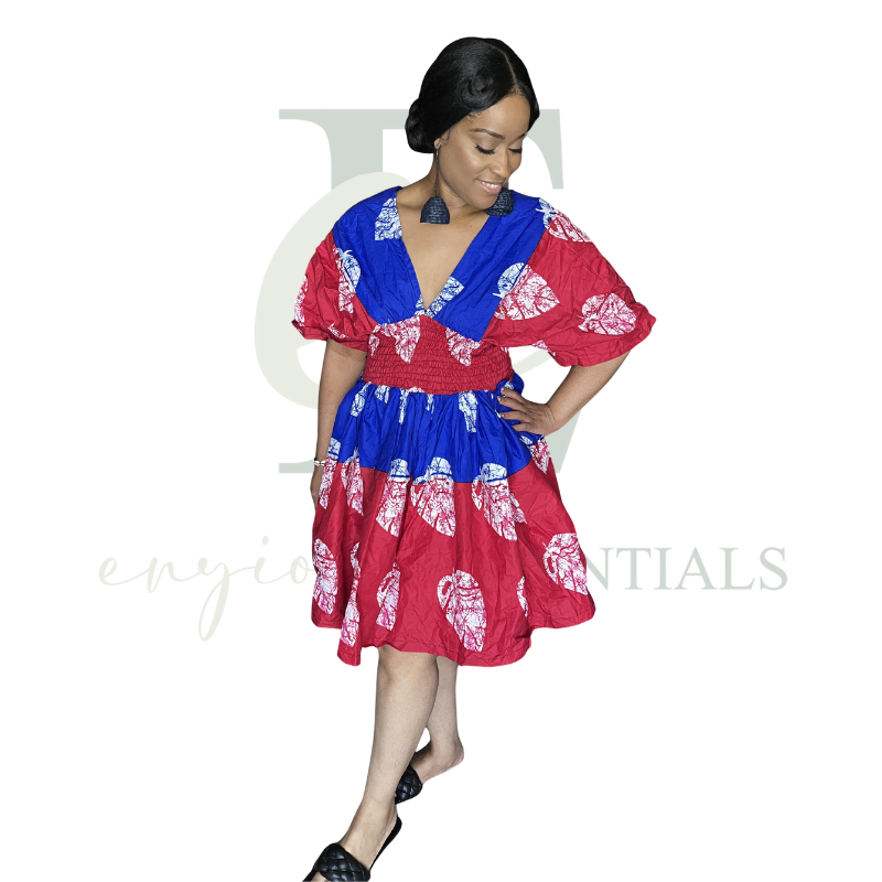Red & Blue African Smocked Mini Dress