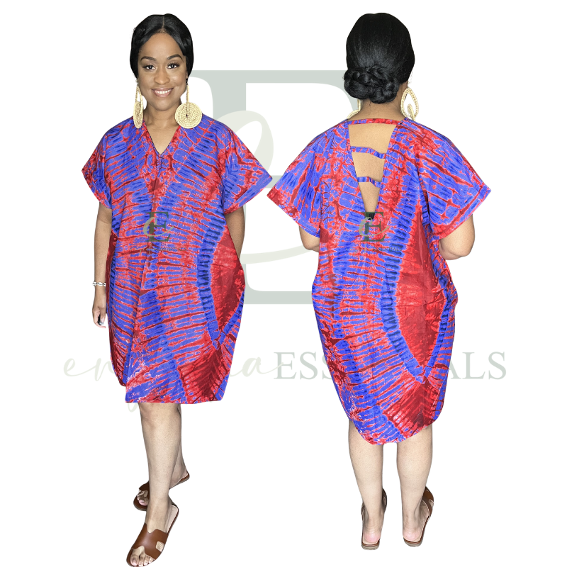 Red & Blue Tie-Dye Open Back Short Boubou