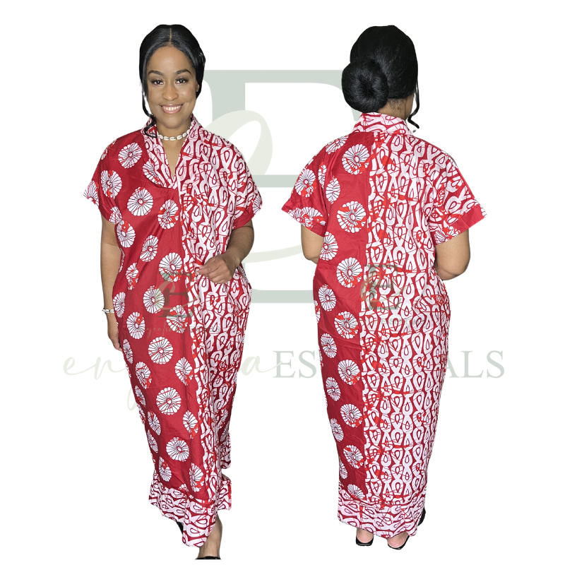 Red & White African Print Boubou Dress