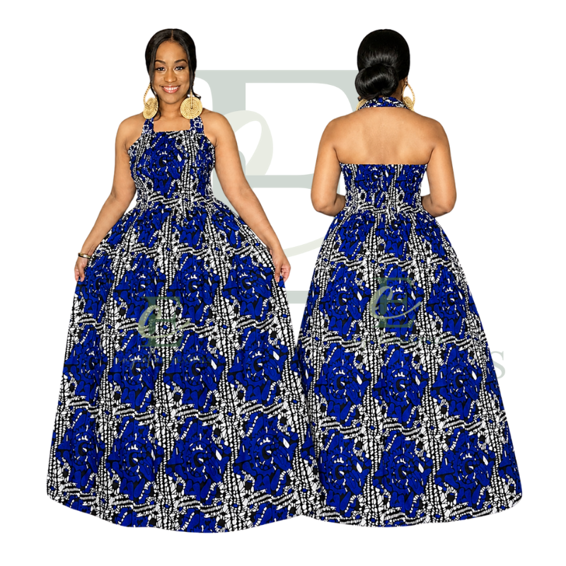 Royal Blue African Print Halter Long Maxi Dress