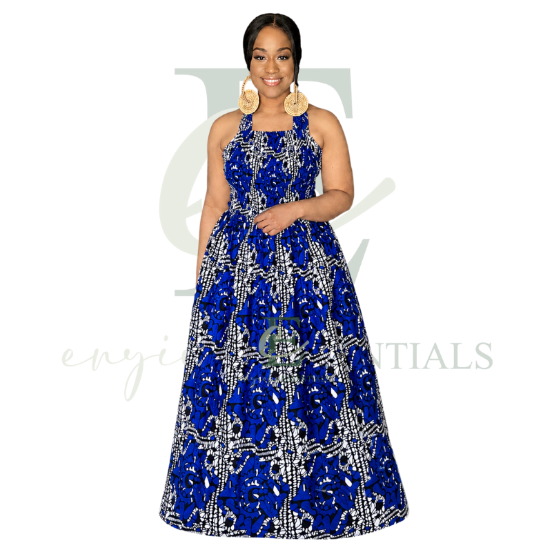 Royal Blue African Print Halter Long Maxi Dress