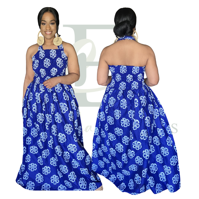 Royal Blue African Print Halter Maxi Dress