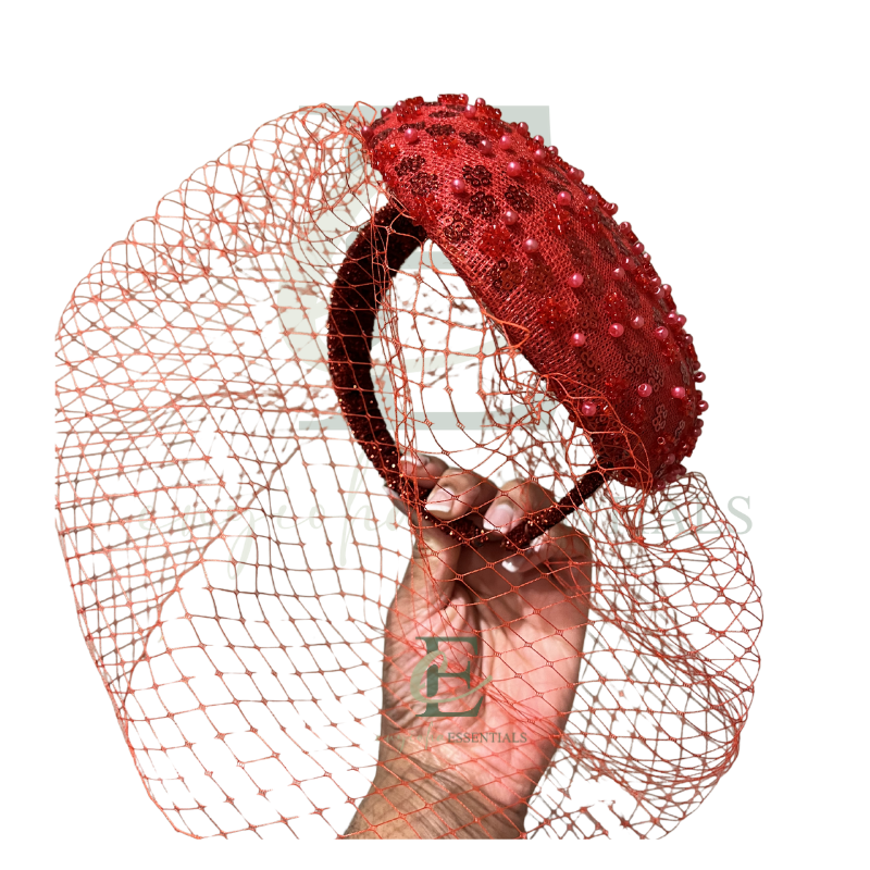 Ruby Royale Beaded Pillbox Fascinator with Veil