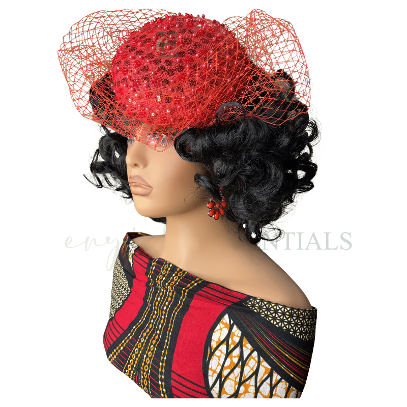 Ruby Royale Beaded Pillbox Fascinator with Veil