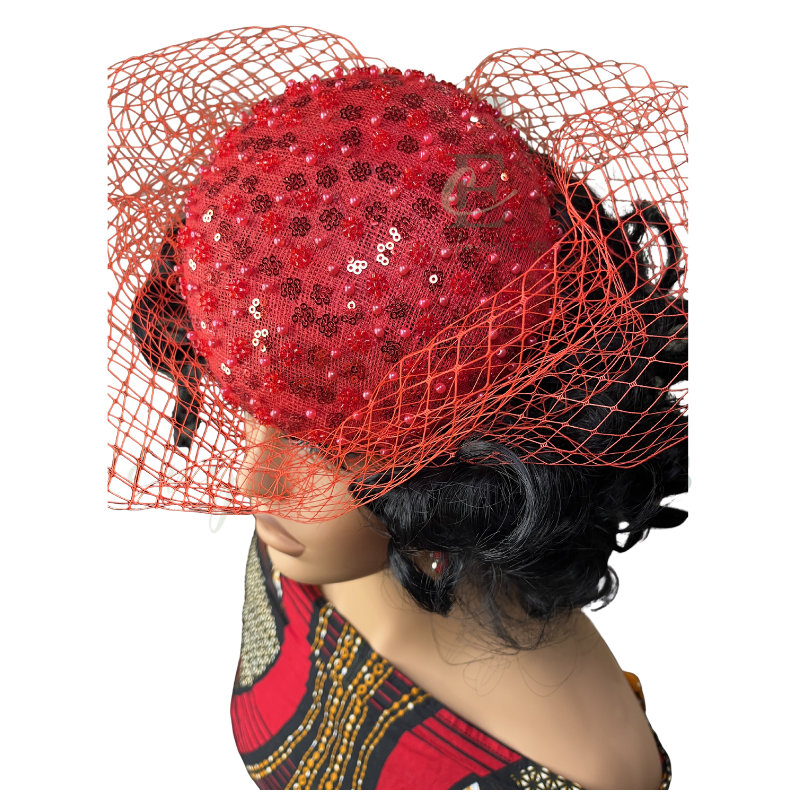 Ruby Royale Beaded Pillbox Fascinator with Veil