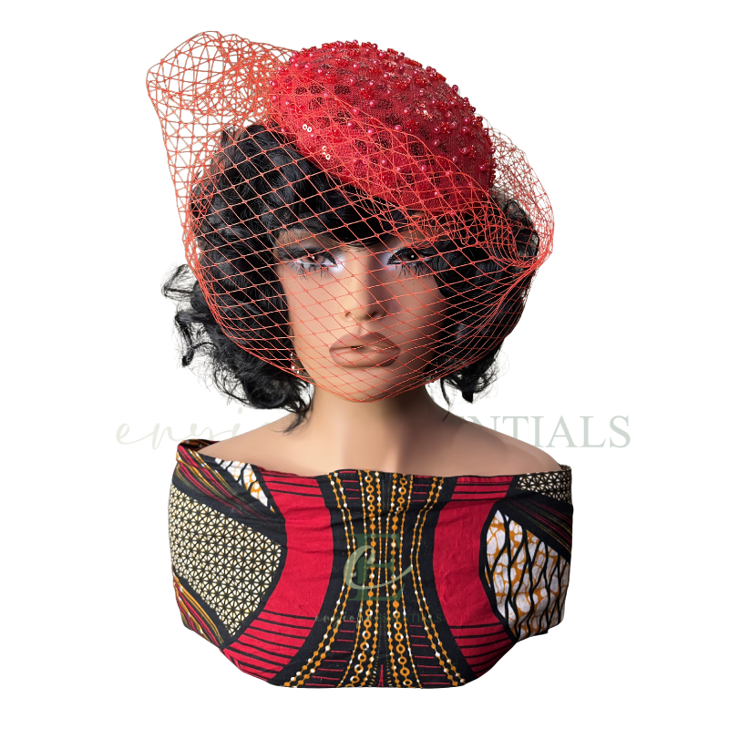 Ruby Royale Beaded Pillbox Fascinator with Veil