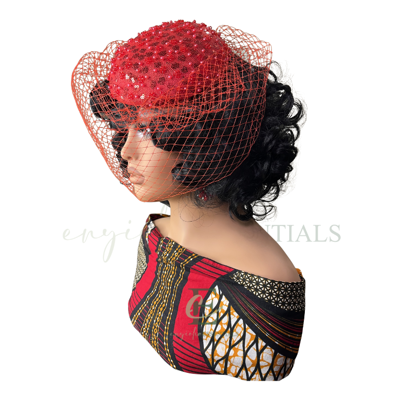 Ruby Royale Beaded Pillbox Fascinator with Veil