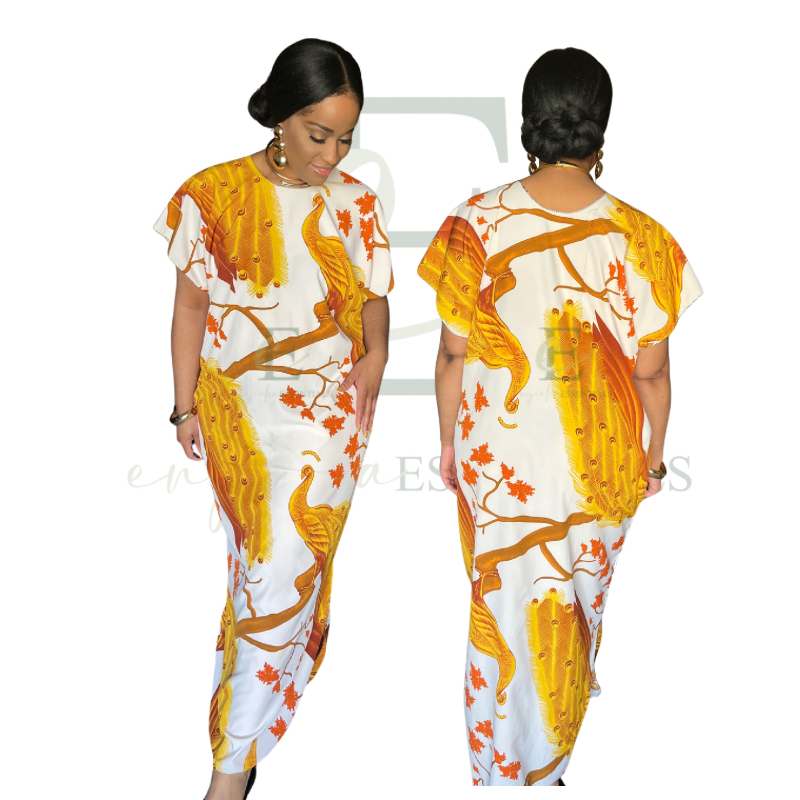 Stunning Golden Peacock Maxi MuuMuu Dress