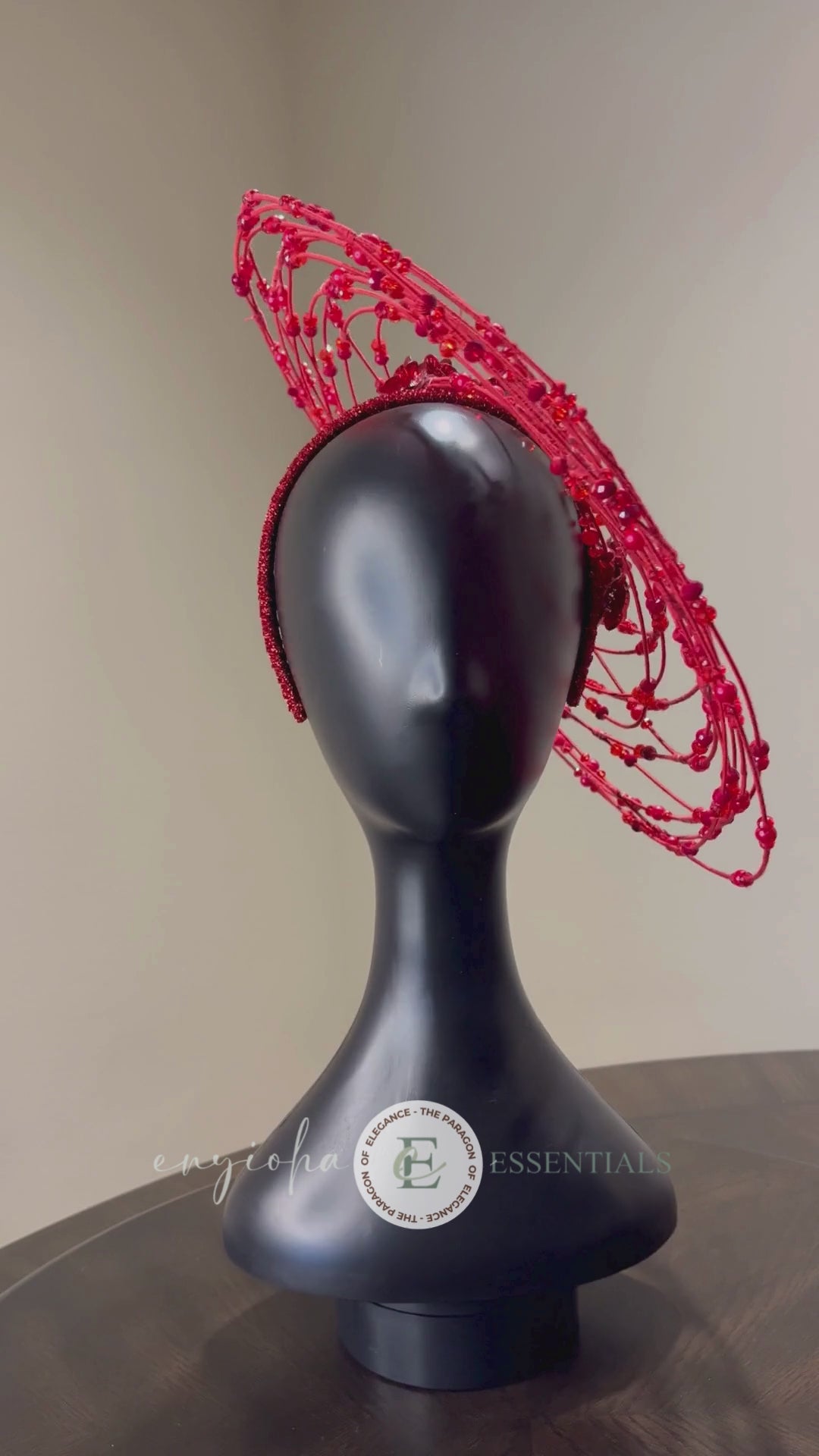 Red Beaded Wire Halo Fascinator with Floral Accents