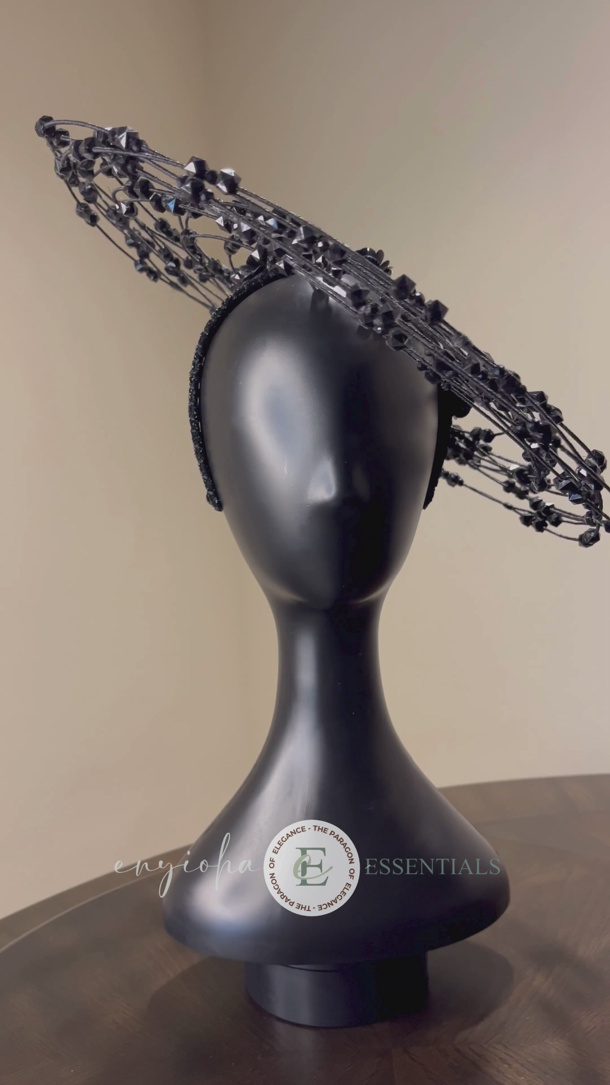 Black Beaded Wire Halo Fascinator with Floral Accents